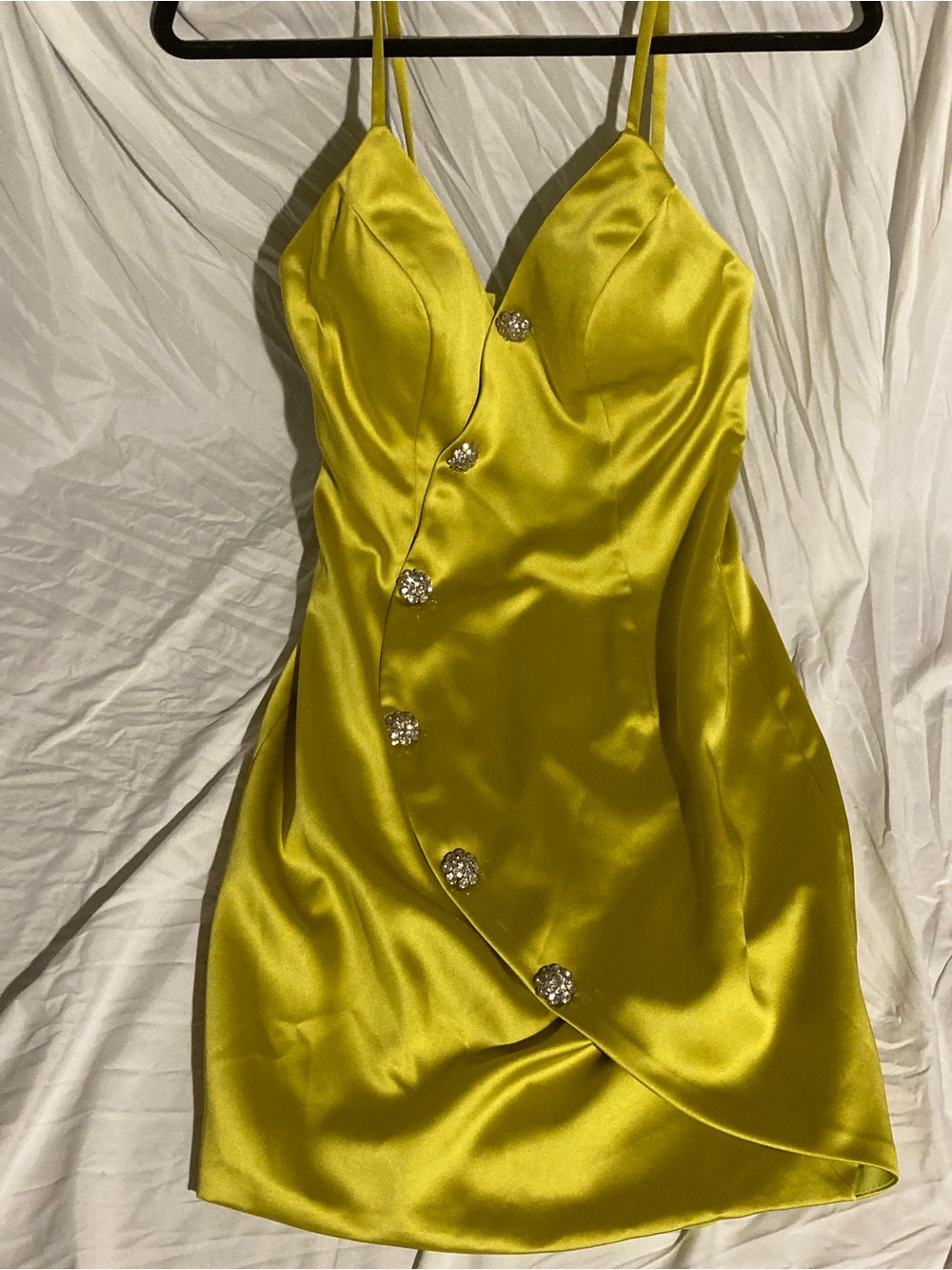 Yellow Satin Spaghetti-Strap Mini Dress with Crystal Embellishments